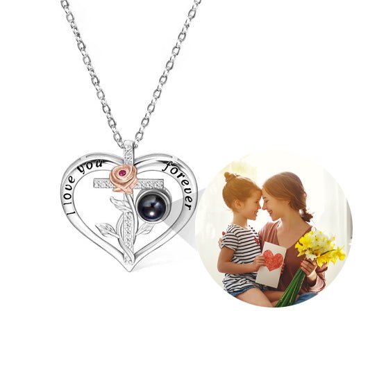 Heart Projection Necklace with Two Tone Rose & Cross - United Bracelets