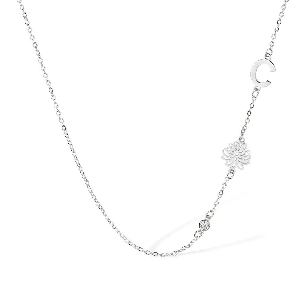 Sideways Initial Necklace with Custom Birth Flower & Birthstone - United Bracelets