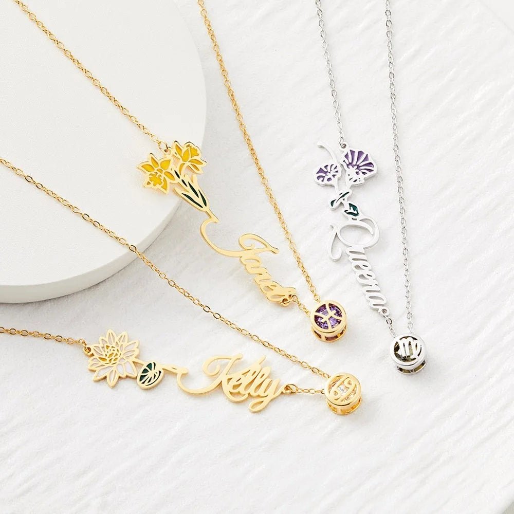 Birth Flower Name Necklace with Zodiac Sign - United Bracelets