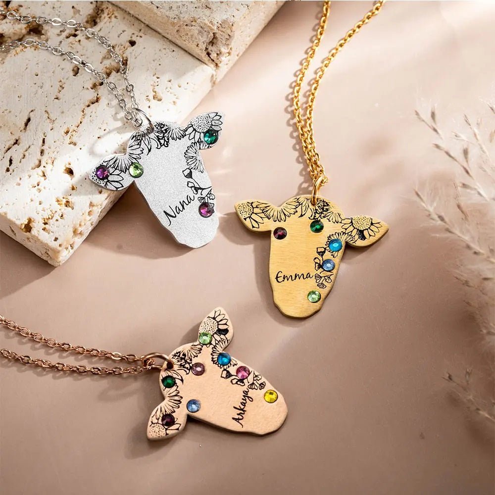 Cow Silhouette Necklace with Custom Name &amp; Birthstones - United Bracelets