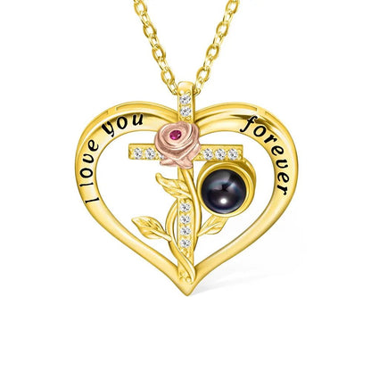 Heart Projection Necklace with Two Tone Rose &amp; Cross - United Bracelets