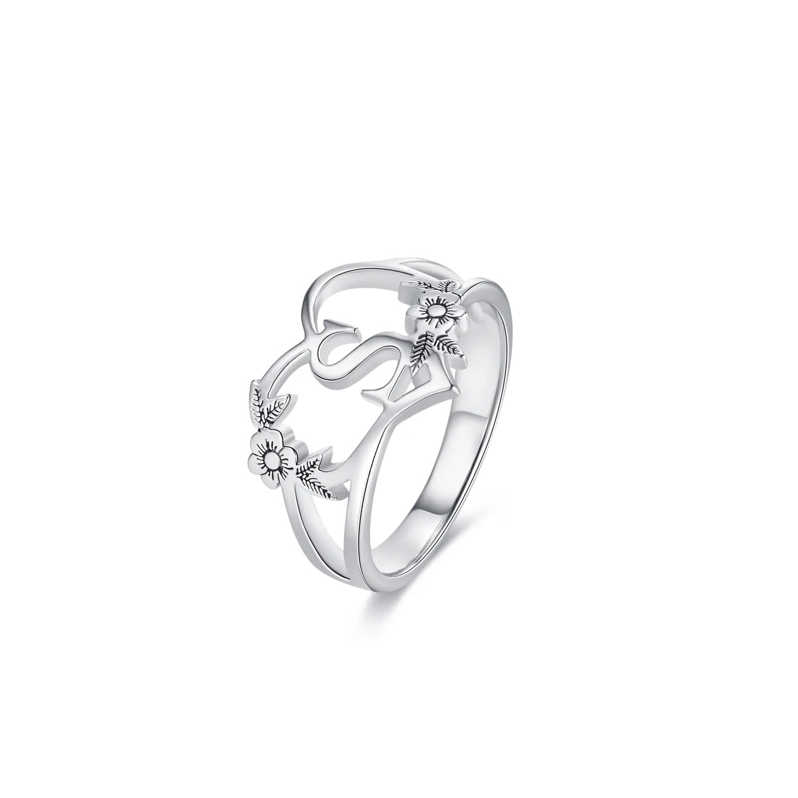 Heart Shaped Initial Ring with Dainty Flower Design - United Bracelets