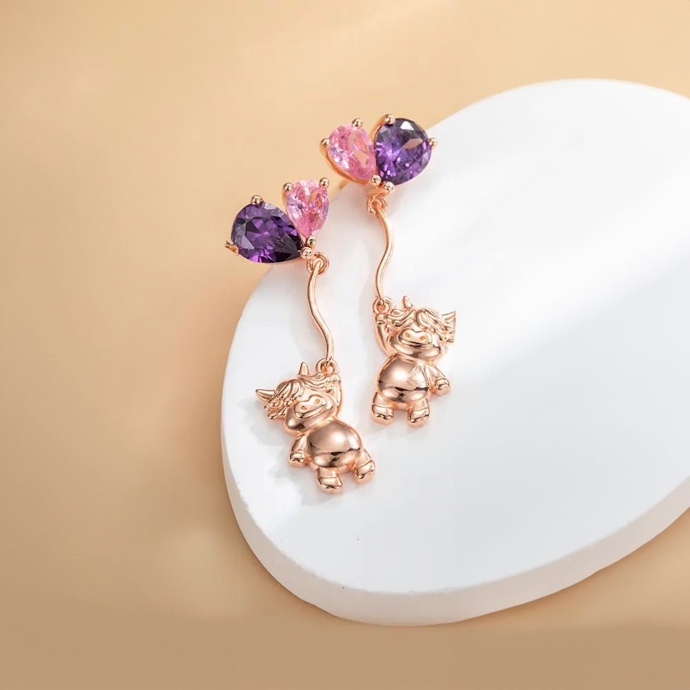 Highland Cow Stud Earrings with Birthstone Balloons - United Bracelets