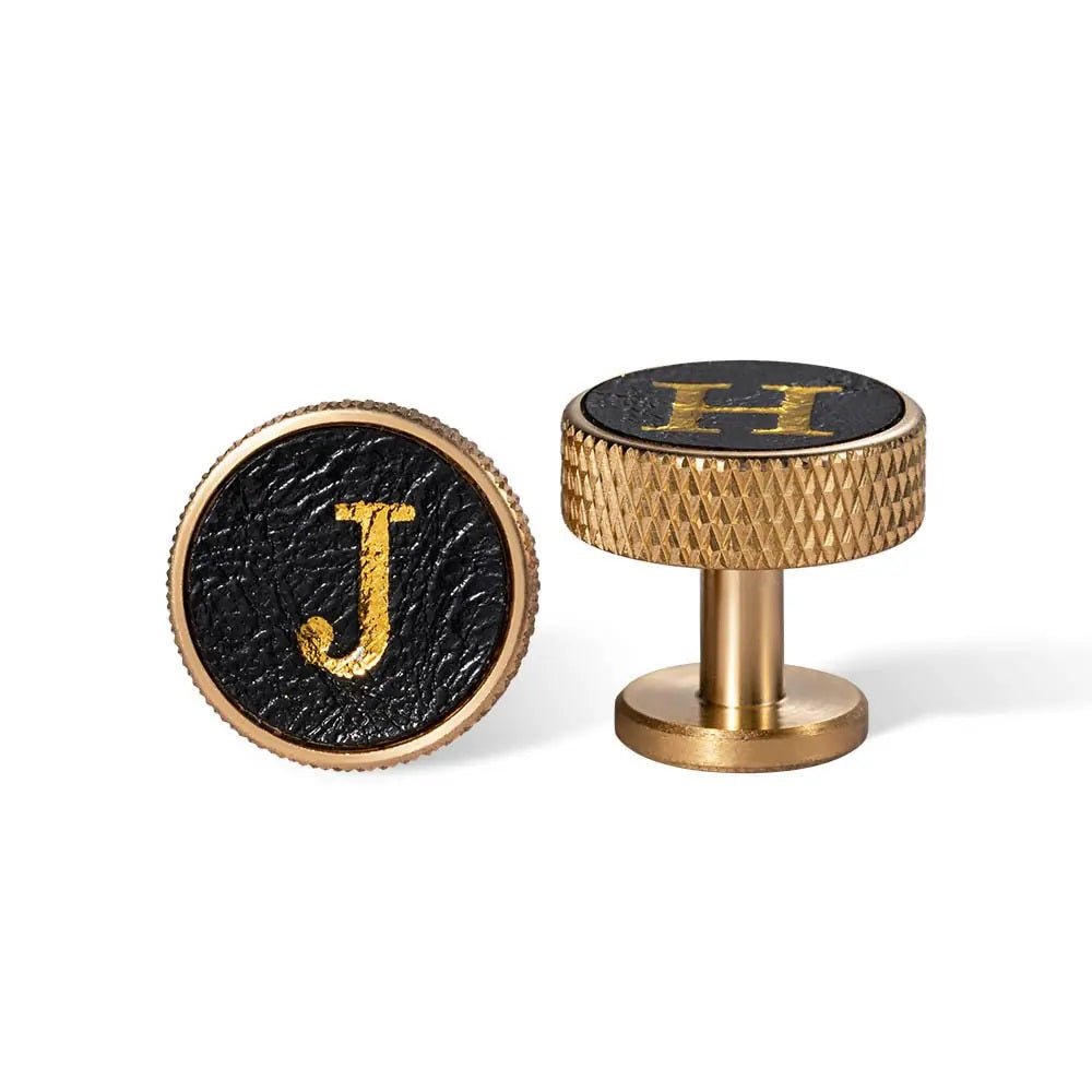 Knurled Brass Leather Cufflinks with Custom Initial - United Bracelets