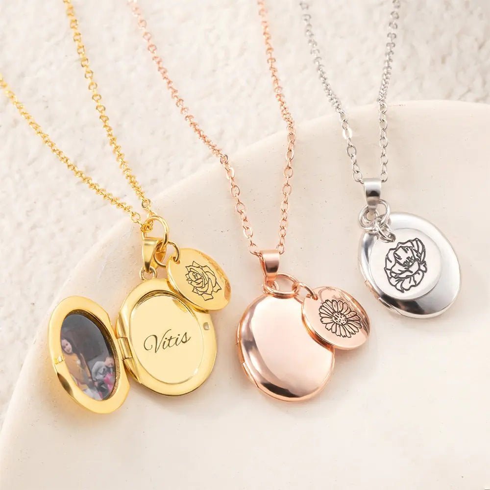 Oval Photo Locket with Personalised Birth Flower - United Bracelets