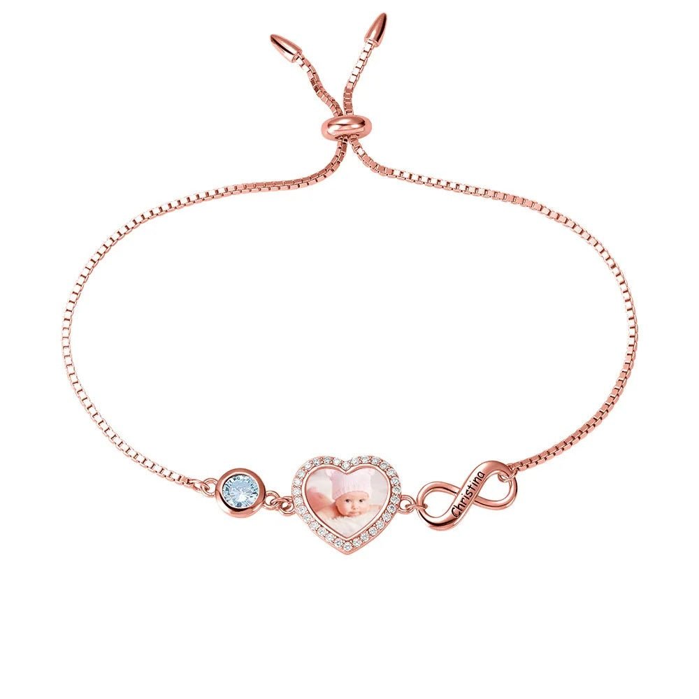 Photo Heart Bracelet with Custom Birthstone &amp; Infinity Charm - United Bracelets