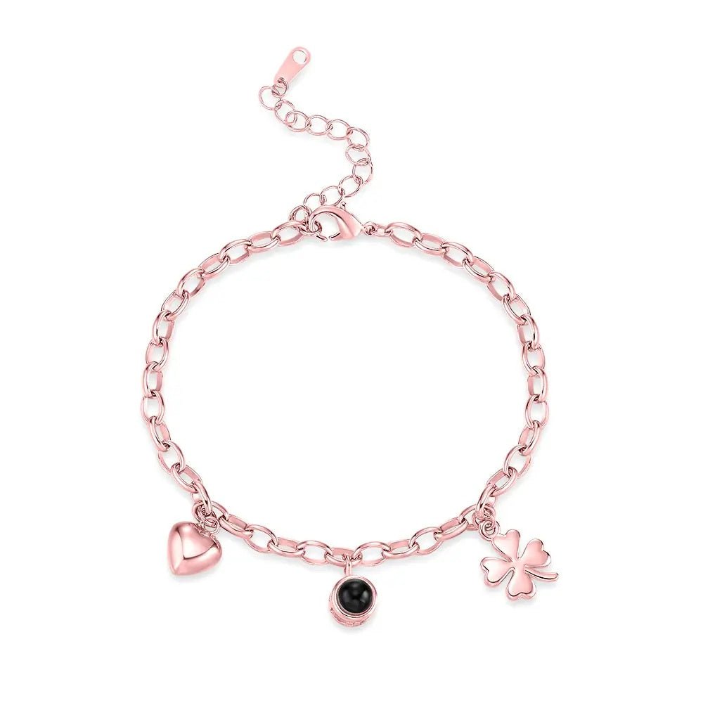 Projection Bracelet with Four - Leaf Clover &amp; Heart Pendants - United Bracelets