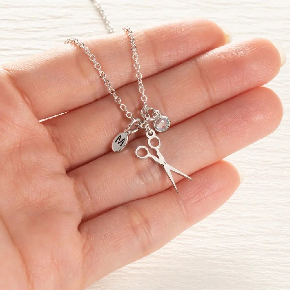 Scissor Pendant Necklace with Personalised Birthstone &amp; Initial - United Bracelets