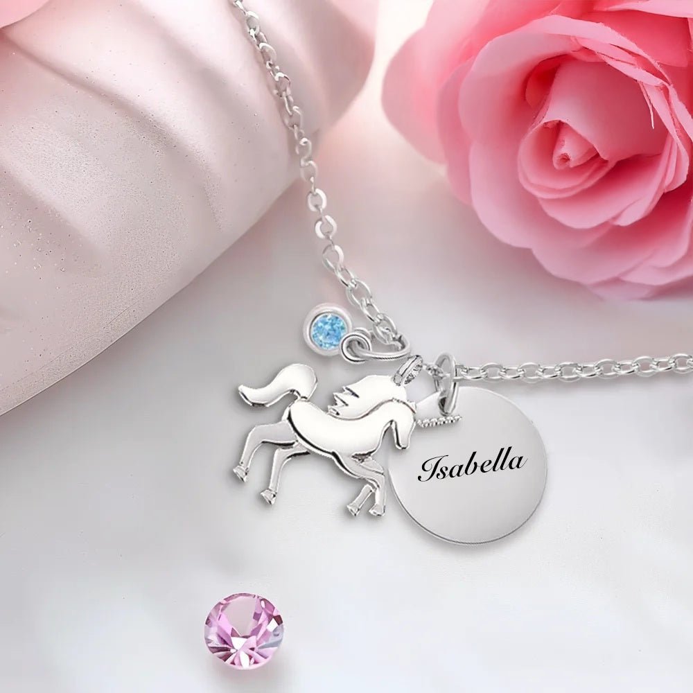 Unicorn Necklace with Engraved Disc and Birthstone - United Bracelets