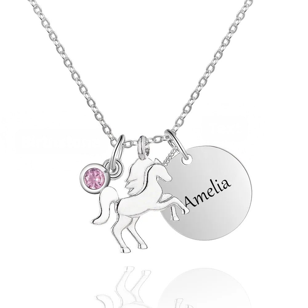 Unicorn Necklace with Engraved Disc and Birthstone - United Bracelets